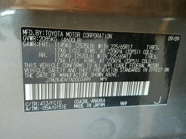 JTMZK4DV7AD003499 - 2010 TOYOTA RAV4 GRAY photo 10