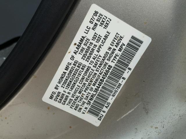 5FNRL38446B456648 - 2006 HONDA ODYSSEY EX GRAY photo 10