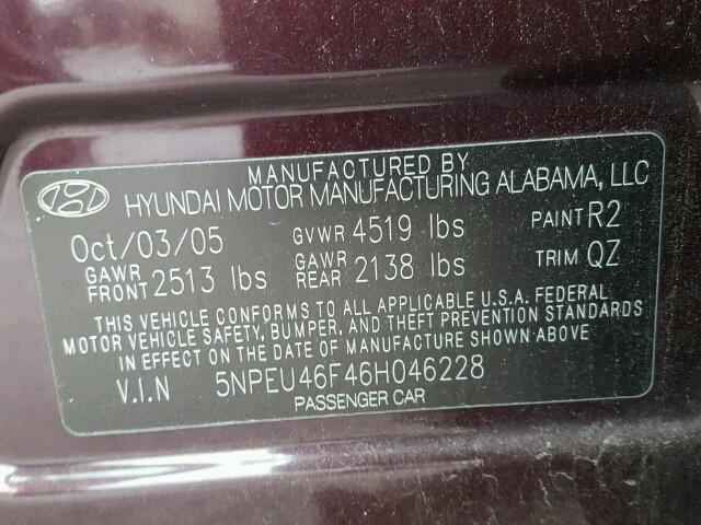 5NPEU46F46H046228 - 2006 HYUNDAI SONATA GLS MAROON photo 10