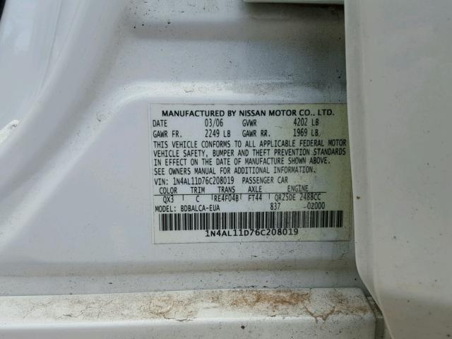 1N4AL11D76C208019 - 2006 NISSAN ALTIMA S WHITE photo 10