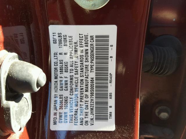 JHMZE2H79BS005984 - 2011 HONDA INSIGHT EX RED photo 10