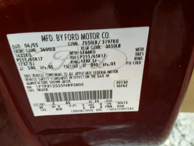 1FTPX12525NB93805 - 2005 FORD F150 RED photo 10