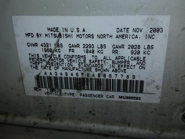 4A3AB46F84E067789 - 2004 MITSUBISHI GALANT ES WHITE photo 10