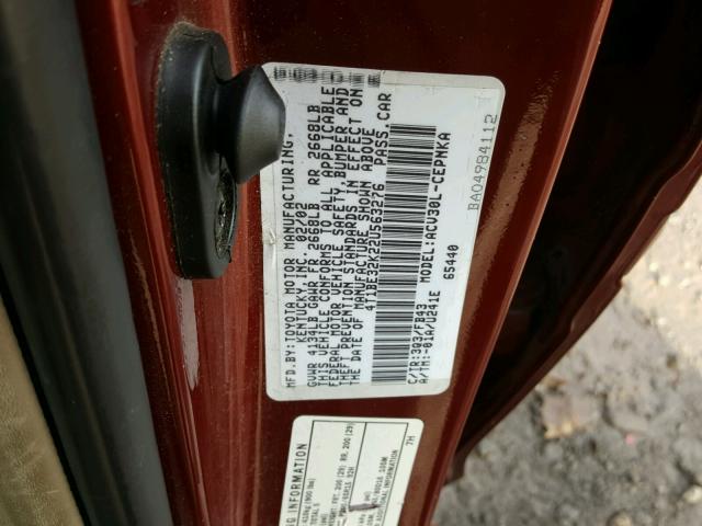 4T1BE32K22U563276 - 2002 TOYOTA CAMRY LE RED photo 10