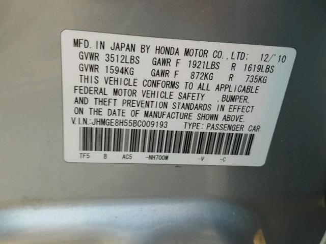 JHMGE8H55BC009193 - 2011 HONDA FIT SPORT SILVER photo 10