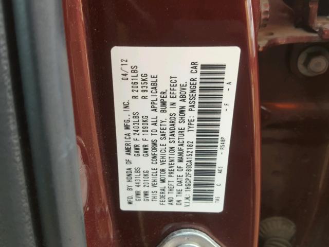 1HGCP2F89CA152182 - 2012 HONDA ACCORD EXL MAROON photo 10