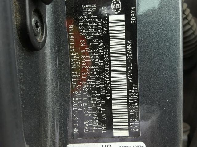 4T1BE46KX8U736051 - 2008 TOYOTA CAMRY CE BLACK photo 10