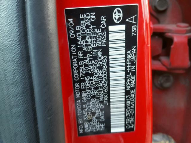 JTKKT624250098483 - 2005 TOYOTA SCION XA RED photo 10