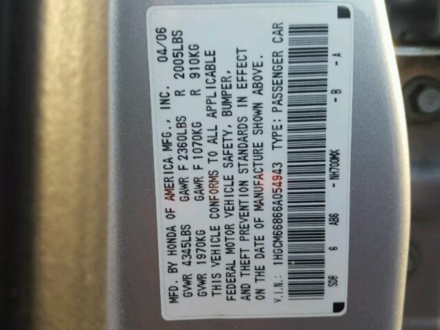 1HGCM66866A054943 - 2006 HONDA ACCORD EX SILVER photo 10