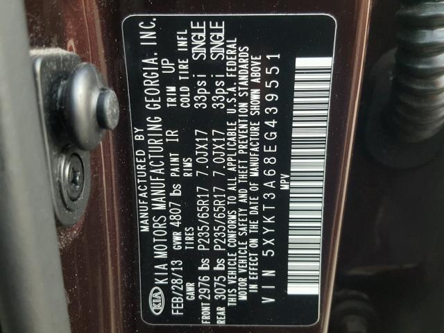 5XYKT3A68EG439551 - 2014 KIA SORENTO LX BURGUNDY photo 10