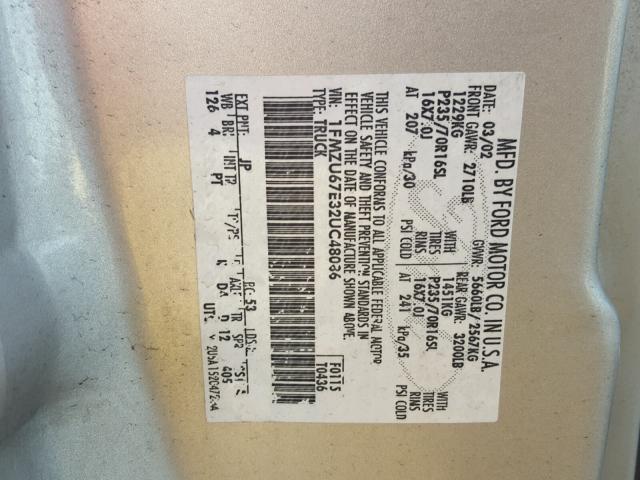 1FMZU67E32UC48086 - 2002 FORD EXPLORER S SILVER photo 10