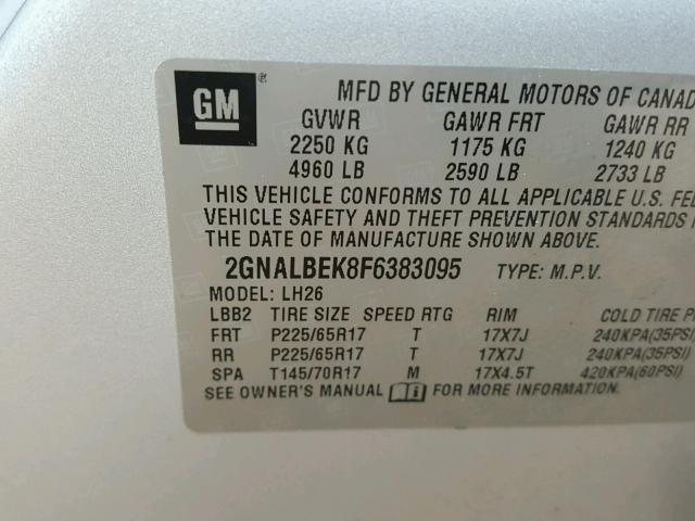 2GNALBEK8F6383095 - 2015 CHEVROLET EQUINOX LT SILVER photo 10