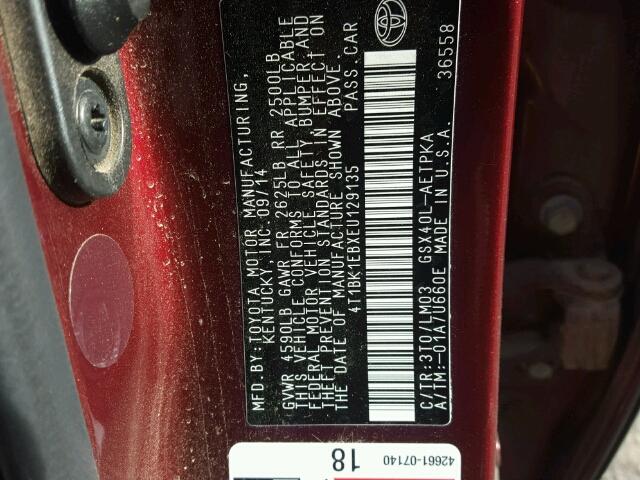 4T1BK1EBXEU129135 - 2014 TOYOTA AVALON BAS MAROON photo 10