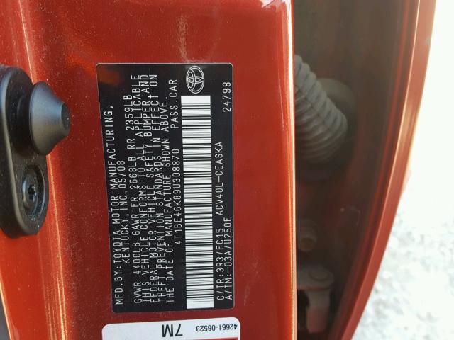 4T1BE46K89U308870 - 2009 TOYOTA CAMRY BASE RED photo 10