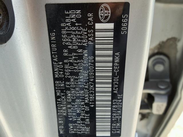 4T1BE32K74U900706 - 2004 TOYOTA CAMRY LE ვერცხლისფერი ფოტო 10