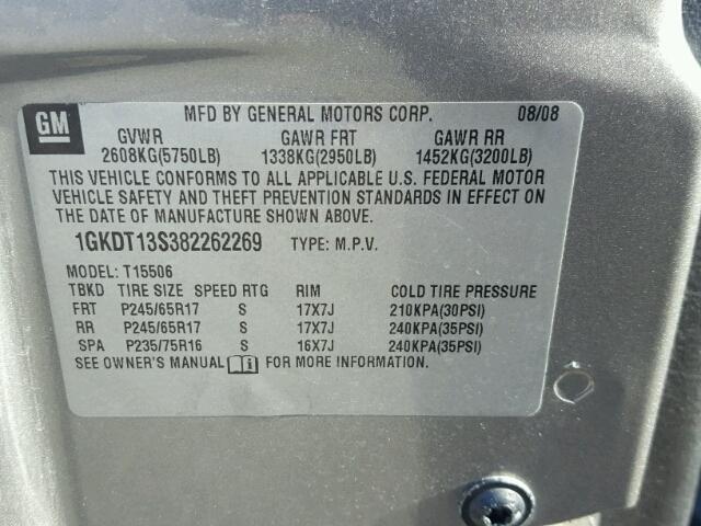 1GKDT13S382262269 - 2008 GMC ENVOY GRAY photo 10