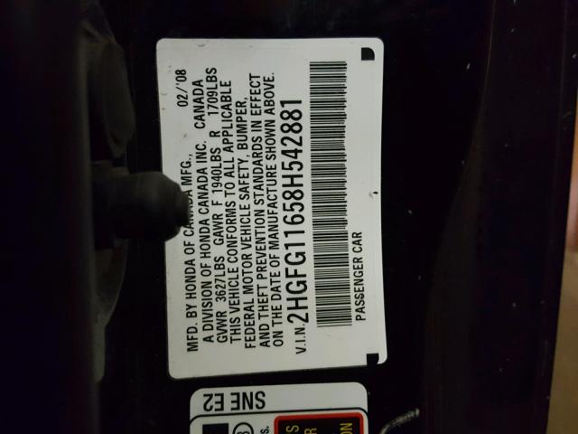 2HGFG11658H542881 - 2008 HONDA CIVIC LX BLACK photo 10