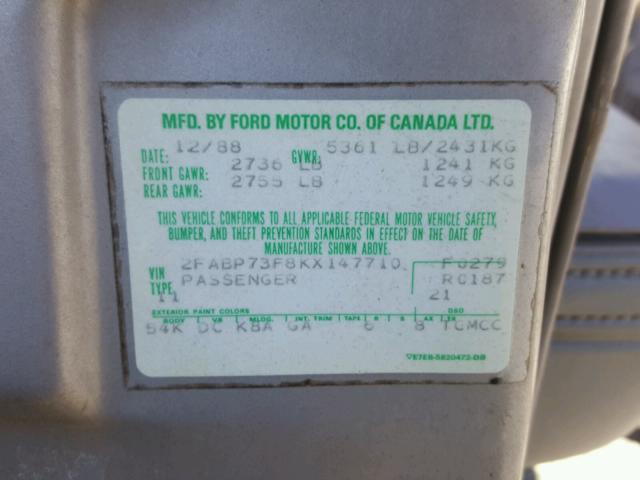 2FABP73F8KX147710 - 1989 FORD CROWN VICT GRAY photo 10