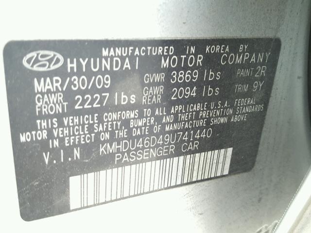 KMHDU46D49U741440 - 2009 HYUNDAI ELANTRA GL SILVER photo 10