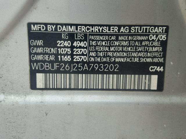 WDBUF26J25A793202 - 2005 MERCEDES-BENZ E 320 CDI SILVER photo 10