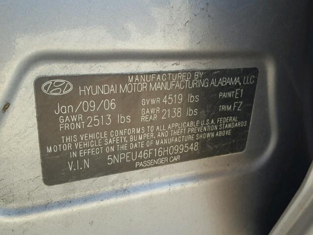 5NPEU46F16H099548 - 2006 HYUNDAI SONATA GLS SILVER photo 10