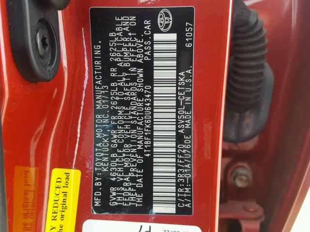 4T1BF1FK6DU643470 - 2013 TOYOTA CAMRY L RED photo 10