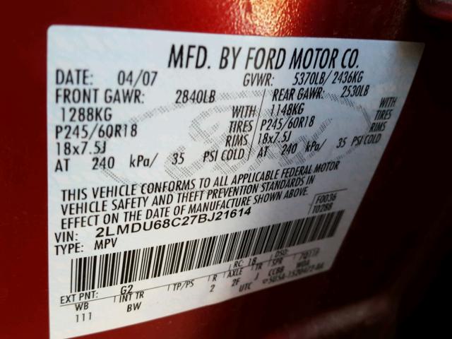 2LMDU68C27BJ21614 - 2007 LINCOLN MKX RED photo 10