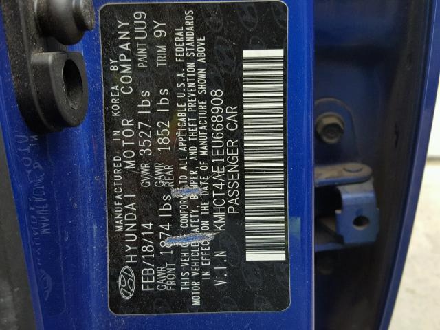 KMHCT4AE1EU668908 - 2014 HYUNDAI ACCENT GLS BLUE photo 10