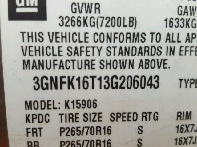 3GNFK16T13G206043 - 2003 CHEVROLET SUBURBAN K GRAY photo 10