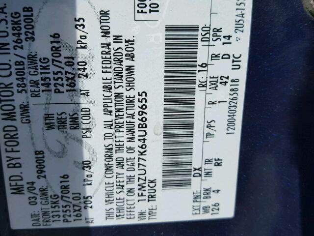 1FMZU77K64UB69655 - 2004 FORD EXPLORER S 蓝色 照片 10