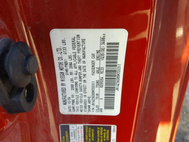 JN1AZ36D85M700311 - 2005 NISSAN 350Z ROADS RED photo 10