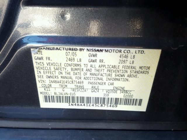 1N4BA41E45C875469 - 2005 NISSAN MAXIMA SE GRAY photo 10