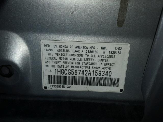 1HGCG56742A159340 - 2002 HONDA ACCORD SE SILVER photo 10