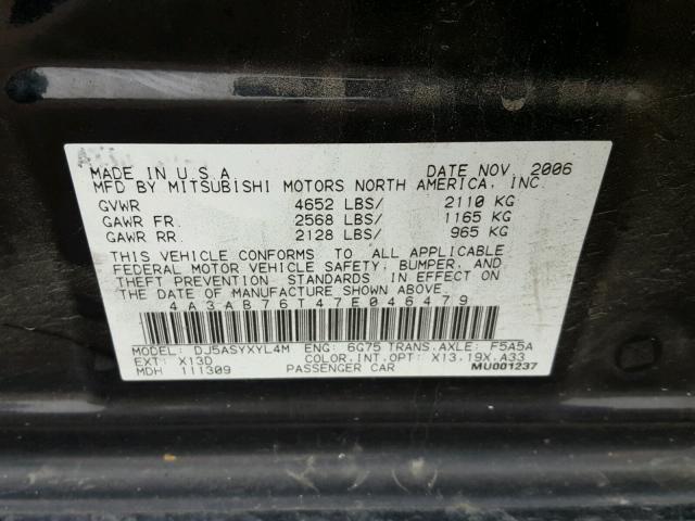 4A3AB76T47E046479 - 2007 MITSUBISHI GALANT RAL BLACK photo 10