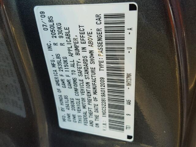 1HGCS22819A012009 - 2009 HONDA ACCORD EXL GRAY photo 10