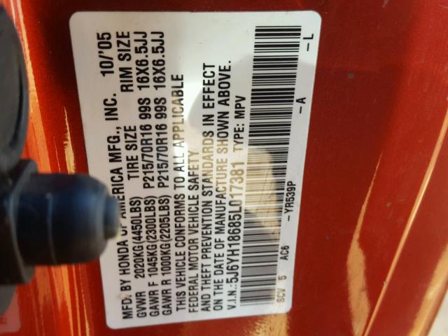 5J6YH18685L017381 - 2005 HONDA ELEMENT EX ORANGE photo 10