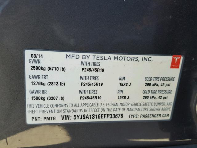 5YJSA1S16EFP33678 - 2014 TESLA MODEL S GRAY photo 10