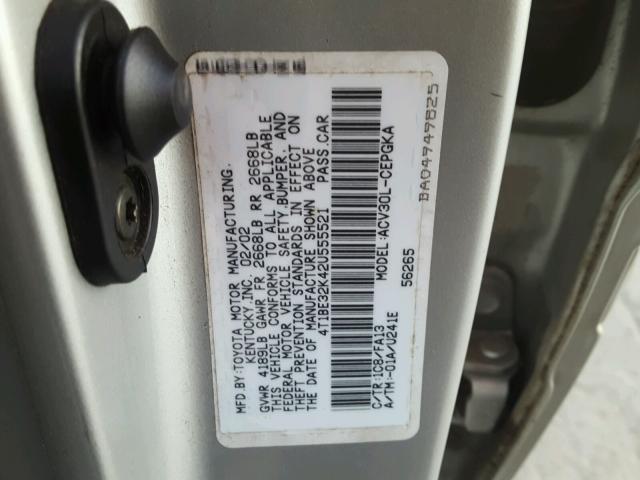 4T1BE32K42U555521 - 2002 TOYOTA CAMRY LE ვერცხლისფერი ფოტო 10