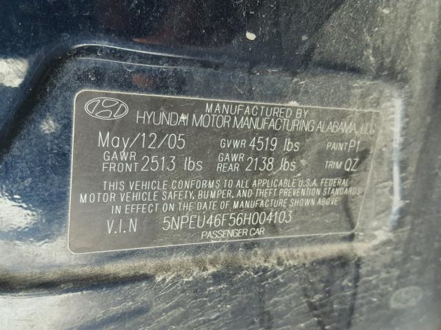 5NPEU46F56H004103 - 2006 HYUNDAI SONATA GLS BLUE photo 10