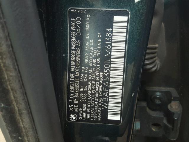 WBAFA53501LM61384 - 2001 BMW X5 3.0I GREEN photo 10