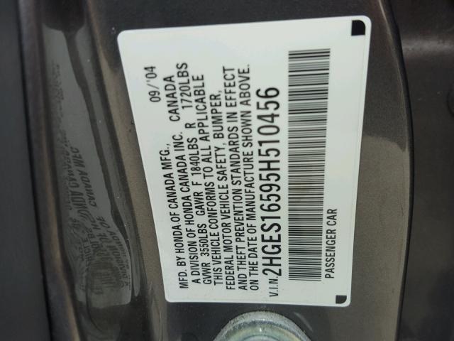 2HGES16595H510456 - 2005 HONDA CIVIC LX GRAY photo 10