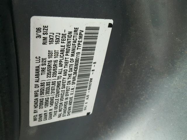 5FNRL38436B080119 - 2006 HONDA ODYSSEY EX SILVER photo 10