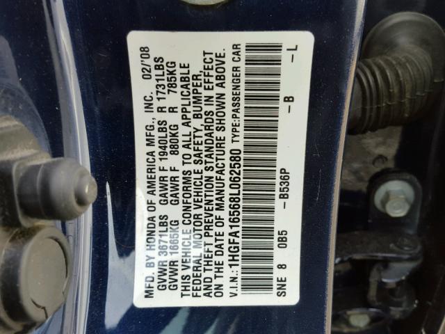 1HGFA16568L062580 - 2008 HONDA CIVIC LX BLUE photo 10