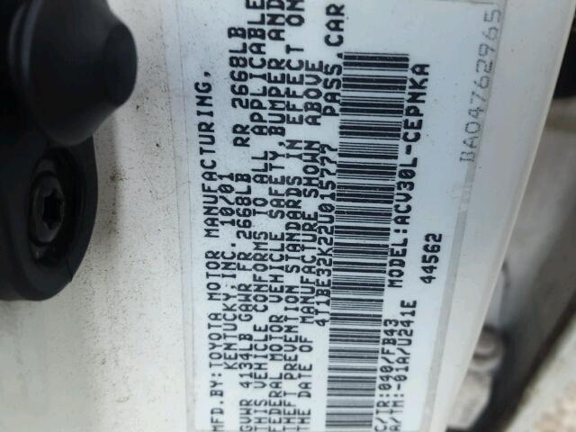 4T1BE32K22U015777 - 2002 TOYOTA CAMRY LE თეთრი ფოტო 10