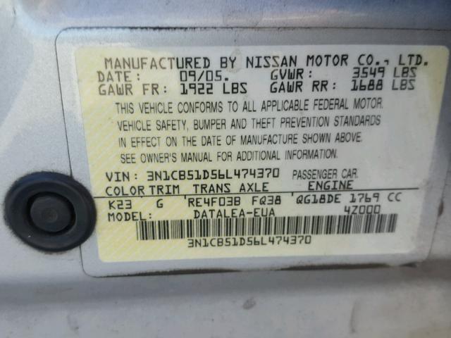 3N1CB51D56L474370 - 2006 NISSAN SENTRA 1.8 SILVER photo 10