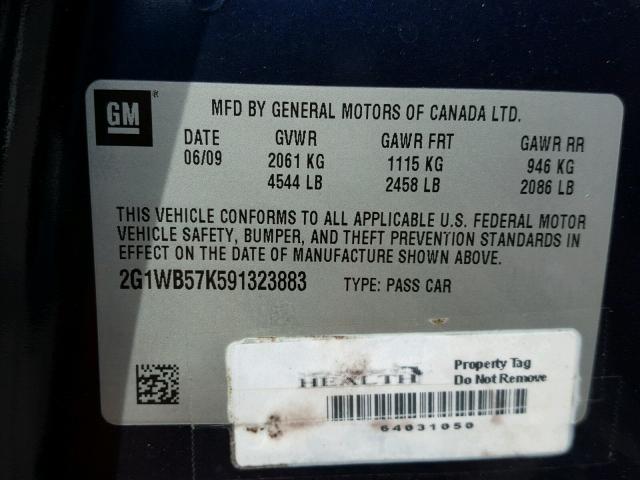 2G1WB57K591323883 - 2009 CHEVROLET IMPALA LS BLUE photo 10