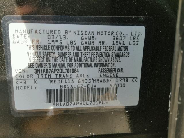 3N1AB7AP2DL701864 - 2013 NISSAN SENTRA S BLACK photo 10