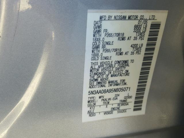 5N3AA08A95N805071 - 2005 INFINITI QX56 SILVER photo 10