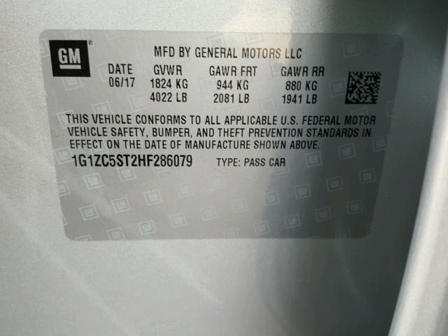 1G1ZC5ST2HF286079 - 2017 CHEVROLET MALIBU LS ვერცხლისფერი ფოტო 10