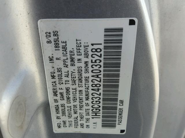 1HGCG32482A035281 - 2002 HONDA ACCORD LX SILVER photo 10